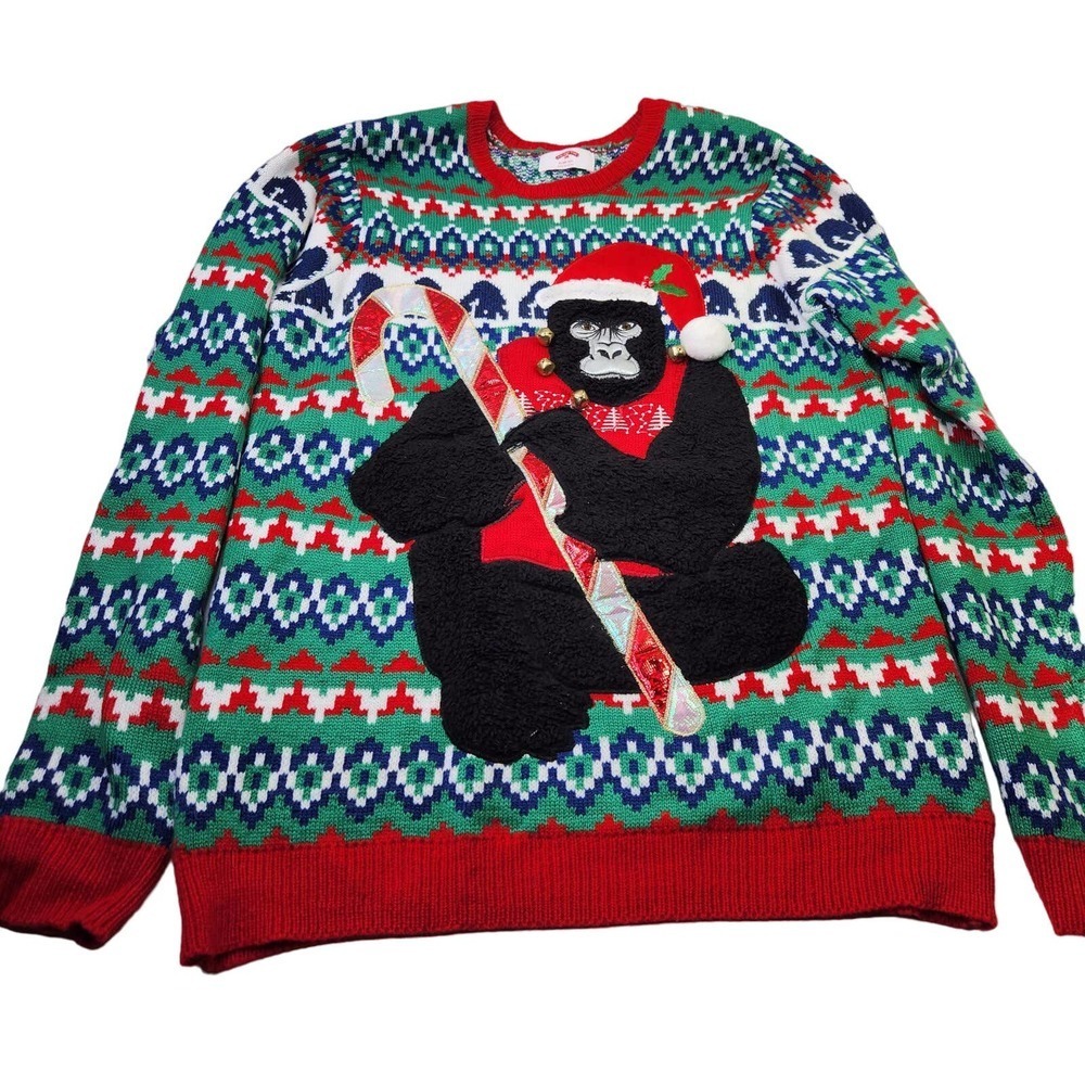 Holiday Time Sweater Mens Med Green Gorilla Candy Cane Ugly Christmas Fair Isle